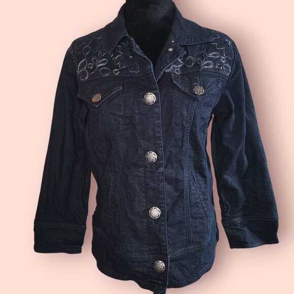 Chico's Platinum Dark Wash Denim Jacket embroidered beaded boho country western - Picture 1 of 9